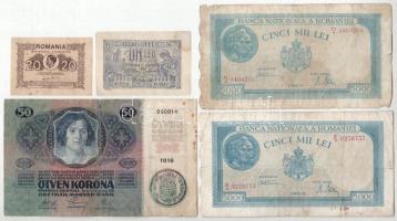 Románia 1915. 1L + 1945. 20L + 5000L (2x) + 1914. 50K fekete "ROMANIA TIMBRU SPECIAL" felülbélyegzéssel T:F,VG közte tűlyuk, folt, az egyik kis részen ragasztva Romania 1915. 1 Leu + 1945. 20 Lei + 5000 Lei (2x) + Hungary 1914. 50 Korona with black "ROMANIA TIMBRU SPECIAL" overprint C:F,VG pin holes, spot, taped in it