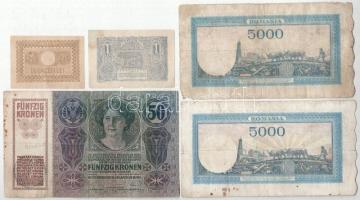 Románia 1915. 1L + 1945. 20L + 5000L (2x) + 1914. 50K fekete "ROMANIA TIMBRU SPECIAL" felü...