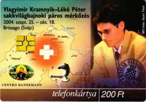 Mánia magazin reklám képeslapja, Vlagyimir Kramnyik - Lékó Péter sakkvilágbajnoki páros mérkőzés 2004 Brissago, telefonkártya montázs / World Chess Championship 2004 Brissago, Hungarian advertisment postcard