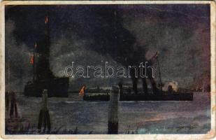 SMS Novara und Scharfschütze im Kanal von Porto Corsini bei Beschießung der italienische Strandbatterien am 24. Mai 1915 / WWI Austro-Hungarian Navy art postcard, K.u.K. Kriegsmarine, light cruiser SMS Novara and SMS Scharfschütze destroyer. Offizielle Postkarte des Österreichischen Flottenvereines zu Gunsten des Kriegsfürsorgeamtes des Kriegshilfsbüros und des Roten Kreuzes Nr. F. 44. s: Harry Heusser (felszíni sérülés / surface damage)