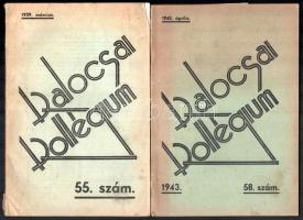 1939-1943 Kalocsai Kollégium. A Kalocsai Jézustársasági Szt. István Gimnázium lapja, 2 db szórványszám: 1939 március, 55. sz. és. 1943. április, 58. sz. Kiadói papírkötés, sérült gerinccel, kissé foltos borítókkal.