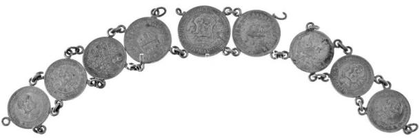 Vegyes, 9db-os érmetétel karkötővé alakítva, benne Orosz Birodalom 1905. 10k Ag + 1909. 10k Ag T:VF,...