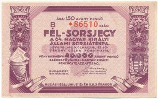 1935. "A 64. Magyar Királyi Állami Sorsjáték" fél-sorsjegye 1,50P értékben, "B * 86510" sorszámmal T:F