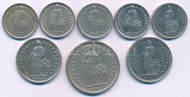 Svájc 1970-1998. 1/2Fr Cu-Ni (5db) + 1979-1988. 1Fr Cu-Ni (2db) + 1968. 2Fr Cu-Ni T:AU-VF
Switzerla...