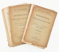 Herodotos történeti könyvei I. és II. kötet. Fordította, bevezetéssel és jegyzetekkel ellátta Geréb József. Görög és Latin Remekírók. Bp., 1892-1893, Franklin. Kiadói papírkötés,, sérült és hiányos gerinccel, sérültt borítóval, kissé sérült kötéssel, néhány kevés lap széle kissé foltos, II. kötetben néhány lap szélén apró szakadással. Csak az első és második kötet!