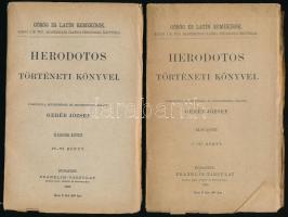 Herodotos történeti könyvei I. és II. kötet. Fordította, bevezetéssel és jegyzetekkel ellátta Geréb József. Görög és Latin Remekírók. Bp., 1892-1893, Franklin. Kiadói papírkötés, kissé sérült gerinccel, borító szélein apró szakadásokkal, felvágatlan példányok, I. kötetben lap széle kissé foltos. Csak az első és második kötet!