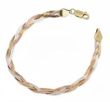 Ezüst(Ag) háromszálas aranyozott, fonott kígyó karkötő, jelzett, h: 18 cm, nettó: 4,1 g