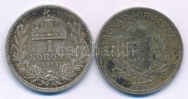 1915KB 1K Ag "Ferenc József" + 1927. 1P Ag T:XF,VF patina