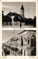 Losonc, Lucenec; Római katolikus templom, Városháza, Takarékpénztár / Catholic church, town hall, savings bank (kopott sarkak / worn corners)