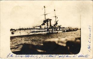 1915 SMS TEGETTHOFF az Osztrák-Magyar Haditengerészet Tegetthoff-osztályú csatahajó / K.u.K. Kriegsmarine / WWI Austro-Hungarian Navy Tegetthoff-class battleship. photo + &quot;K.u.k. Marinefeldpostamt&quot; (fl)