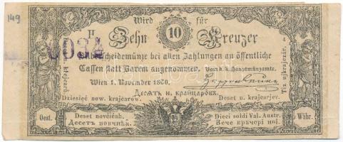 1860. 10Kr "K. K. Hauptmünzamt für Silberscheidemünze" későbbi sorszámozással, vízjeles papíron T:F / Austrian Empire 1860. 10 Kreuzer "K. K. Hauptmünzamt für Silberscheidemünze" with later numbering, with watermarked paper C:F Adamo G93