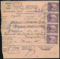 1924 Háromnyelvű csomagszállító 9 db bélyeggel bérmentesítve, kétnyelvű APATIN bélyegzéssel Zágrábba / Trilingual parcel card with 9 stamps franking, with bilingual APATIN postmark to Zagreb