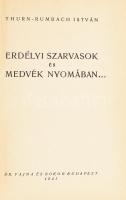 Thurn-Rumbach István: Erdélyi szarvasok és medvék nyomában... Bp.,1941, Dr. Vajna és Bokor, 225+2 p. Lapszámozáson belül 20 egészoldalas képtáblával. Kiadói aranyozott egészvászon-kötés, kissé kopott, kissé foltos borítóval, a gerinc felső részén kis sérüléssel, a felső lapéleken kis foltokkal, néhány képtábla a szélein hullámos, ajándékozási sorokkal.