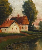 Kálmán P. jelzéssel: Táj. házzal. Olaj, karton. Kissé sérült. 51x77,5 cm. Dekoratív, kissé sérült fa...