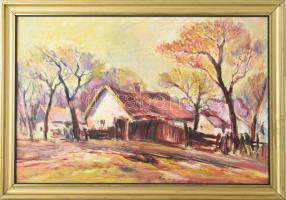 Tóth Sándor (1937-): Porta deszkarítéssel. Olaj, farost, jelezve jobbra lent, 40×60 cm. Dekoratív, sérült fakeretben.