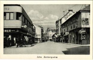 Léva, Levice; Kazinczy utca, Kürti, Hajdú, Bartos, Hatscher és Deutsch üzlete / street, shops. Foto Hajdú