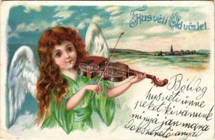 1904 Húsvéti üdvözlet: hegedülő angyalka / Easter greeting, angel playing on the violin. litho (EK)