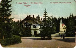 1910 Barlangliget, Höhlenhain, Tatranská Kotlina (Tátra, Magas Tátra, Vysoké Tatry); Concordia nyaraló és evangélikus templom. Divald Károly 1996-1908. / villa, Lutheran church (EM)