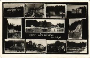 1937 Felsőzúgófürdő, Bad Ober Rauschenbach, Kupele Vysne Ruzbachy; mozaiklap, strand / multi-view postcard, spa, swimming pool. Foto Pollyák (EK)