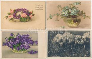 21 db RÉGI virágos üdvözlő motívum képeslap vegyes minőségben / 21 pre-1945 flower greeting motive postcards in mixed quality