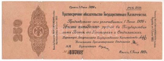 Orosz Polgárháború / Szibéria és Urál / Ideiglenes Szibériai Igazgatás 1920. 250R "45703" T:F kis beszakadások, de erős papír Russian Civil War / Siberia & Ural / Siberian Provisional Administration 1920. 250 Rubles "45703" C:F small tears, but strong paper Krause P#S837