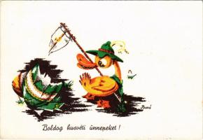 1940 Boldog húsvéti ünnepeket! Cserkész kacsa - Bozó Gyulának címezve / Easter greeting card with duck scout s: Bozó (apró szakadás / tiny tear)