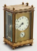 Antik ébresztős utazó óra. Réz ház, festett porcelán számlapok. Kulccsal, szerkezet nem működik, fog...