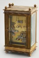 Antik ébresztős utazó óra. Réz ház, festett porcelán számlapok. Kulccsal, szerkezet nem működik, fog...