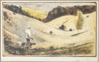 Szőnyi István (1894-1960): Vadász kutyájával, színes rézkarc, papír, jelzett, üvegezett fakeretben, ...