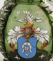 Dolega, lengyel törzsi címeres pálinkás kiöntő. Kézzel festett, fújt hutaüveg. Csiszolt üveg, ón rát...