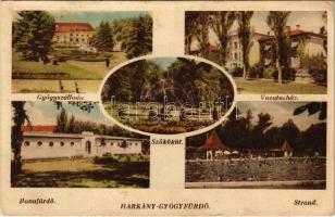 1943 Harkány-gyógyfürdő, Ilonafürdő, gyógyszálloda, szökőkút, Vasutasház, strand (Rb)