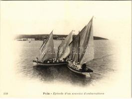 Pola, Episode d'un exercice d'embarcations / Osztrák-magyar haditengerészet matrózai vitorlás gyakorlaton / K.u.k. Kriegsmarine Segelmanöver / Austro-Hungarian Navy mariners on a sailing training (non PC) (9 x 12 cm)