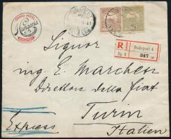 1908 Expressz ajánlott levél 80f bérmentesítéssel Budapestről Torinóba, látványos hátoldallal / Express registered cover to Turin
