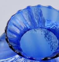Kék üveg váza fehér dekorral, hibátlan m: 14 cm