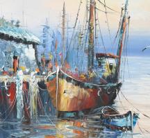 Jelzés nélkül: Kikötő. Olaj, vászon. 50x60 cm. Dekoratív, kissé sérült fakeretben