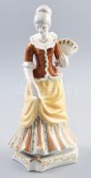 Hollóházi barokk legyezős hölgy. Terv.: J. Seregély Márta. Jelzett, kézzel festett, hibátlan, m: 26,5 cm