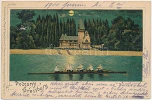 1900 Pozsony, Pressburg, Bratislava; Hajós egylet este evezősökkel / Ruderklub / Rowing club at night. Regel &amp; Krug Art Nouveau, litho (EK)