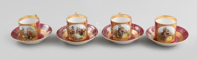 4 db cseh Alt Wien mokkás csésze, aljjal. Matricás, jelzett, minimális kopással