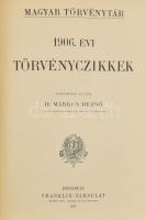 Dr. Márkus Dezső: 1906. évi törvényczikkek ? benne ?XX. t. cz. II. Rákóczi Ferencz és bujdosó társai hamvainak hazahozataláról? Franklin-Társulat Magyar Irod. Intézet és Könyvnyomda, Budapest, 1907 Corpus Juris Hungarici Magyar Törvénytár Millenniumi Emlékkiadás Gerincen aranyozott egészvászon Gottermayer-kötés, mintázott lapélek - 184 oldal  Ex libris Dr. Berényi Zoltán könyveiből ? Révész Kornél (1885-1944) 1907-ben alkotott vonalas kliséjének nyomata ? az Iparművészeti Múzeum adattárában ELT 93.200 leltári számon szerepel, a szennycímoldalon dombornyomott tulajdonosi jelzés: ?Dr. Varga Gábor ügyvéd Budapest?  apró gerinc- és sarokkopásokon kívül nagyon jó állapotban