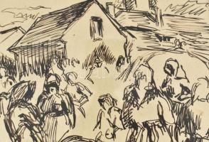 VÉDETT! Ferenczy Valér (1885-1954): Piac. Tus, papír, j.j.l.: Ferenczy Valér, üvegezett fakeretben. ...