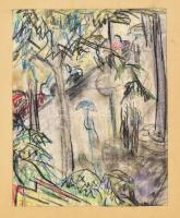 Czóbel Béla (1883-1976): Nagyvárosi forgatag. Pasztell, papír. Jelezve jobbra lent: Czóbel. Proveniencia: Papp János, a Vakok Iskolájának helyettes igazgatójának gyűjteményéből. Mellékelve egy Czóbel Béla által Papp Jánosnak küldött képeslap. 30x23,5 cm. Paszpartuban.