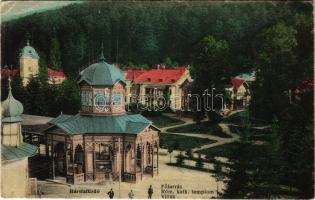 1917 Bártfa, Bártfafürdő, Bardejovské Kúpele, Bardiov, Bardejov; Főforrás, Római katolikus templom, villák. Neumann Viktor kiadása / spa, spring source, Catholic church, villas (EK)