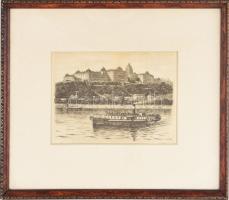 Sárközy (?) jelzéssel: Panoráma a budai várral és hajóval a Dunán. Rézkarc, papír. Dekoratív, üvegez...
