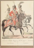 Bikkessy Heinbucher József (1767-1833): Tsászári s királyi magyar lovas katona. Színezett rézmetszet, papír. Jelzés nélkül. Lap széle vágott. Üvegezett fakeretben, 25×18,5 cm