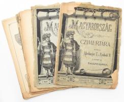Tagányi Károly: Magyarország czimertára. Kiadja: Altenburger G. és Rumbold B. Bp., 1880-81. Buschmann F. 1880. 1 füzet: 12 p + 3 t, 1881. 2. füzet: 8 p; 1881 . 5. füzet 10p + 6 t, 1881 4. füzet 8 p + 7 t ; 1881 5. füzet 8 p + 22 t. Mindegyik füzet kissé sérült papírborítóval, néhány lap szélén savasodás miatt sérülésekkel. Mindegyik táblán dekoratív címerrajzokkal. Magyar állami, megyei címerek, társországok címerei, stb-. Nagyon ritka!