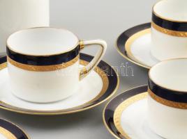 Louise porcelán mokkás készlet hat személyes kék és arany mintával. 5 csésze, 6 aljjal, kávéskanna, ...