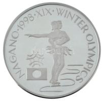 Románia 1998. 100L Ag XIX. Téli Olimpia, Nagano - Műkorcsolya jelzetlen próbaveret kapszulában, névérték a peremen, csak 125db létezik belőle! (37mm/0.925/27g) T:PP / Romania 1998. 100 Lei Ag 19th Winter Olympics, Nagano - Figure skating unmarked trial strike in capsule, face value on the edge, only 125 pieces exist! (37mm/0.925/27g) C:PP Krause X#9