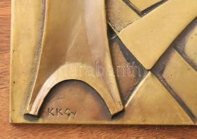 Kiss Kovács Gyula (1922-1984) : Hídépítő vállalat bronz plakett. 15x22 cm Fa alapon. 28x22 cm Fa sér...