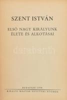 Szent István. Első nagy királyunk élete és alkotásai. Hóman Bálint, Csapody Csaba, Bakács István János, Nevelős Ágoston, Ember Győző, Belitzky János és Guillemot Katalin tanulmányai. Bp., 1938, Kir. M. Egyetemi Nyomda, 88+8 p. Kiadói aranyozott, dombornyomott egészvászon-kötés, jó állapotban