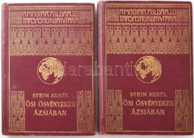 Stein Aurél (1862-1943): Ősi ösvényeken Ázsiában I-II. köt. Három kutató utam Ázsia szívében és Kína északnyugati tájain. Ford.: Halász Gyula. Magyar Földrajzi Társaság Könyvtára. Bp.,[1936], Franklin, 1 (címkép)+XV+136;137-247 p + 52 (fekete-fehér képtáblák) t. +1 (kihajtható térkép) t. Fekete-fehér képtáblákkal, közte kihajtható képtáblákkal, és egy kihajtható térképpel illusztrált. Kiadói dúsan aranyozott egészvászon sorozatkötésben, a borítón kis kopásnyomokkal,